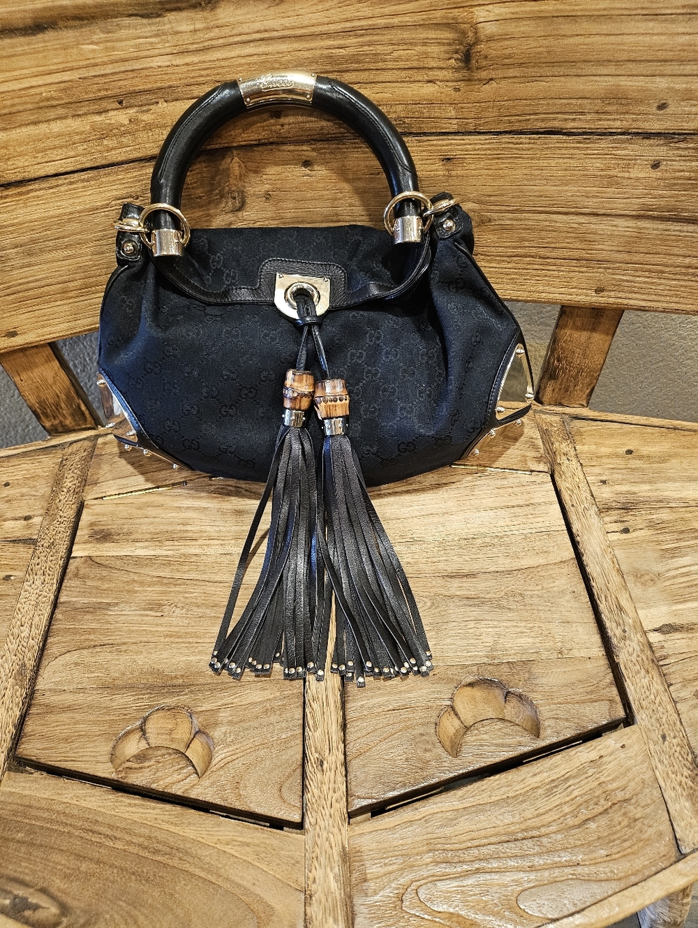 Vintage Authenic Gucci Black Large Top-Handle Bag with Tassel Detail